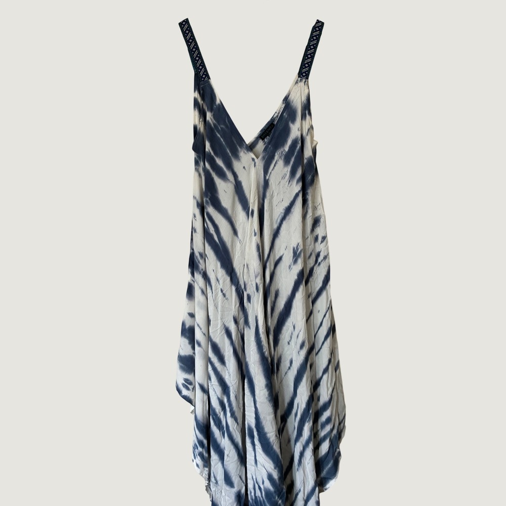 Bella Moda Blue Tie Dye Handkerchief Hem Dress Womens 2X Boho Embroidered Straps